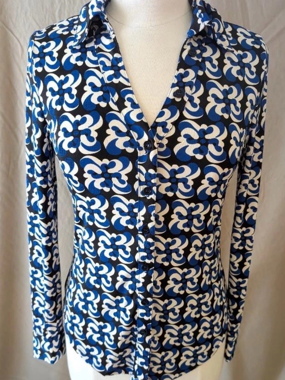 Philosophy Geometric Retro‎ Print Button Up Blouse Blue White Black Medium
